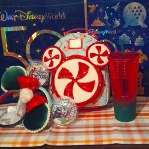 Disney's Epcot's Peppermint Holiday Loungefly Bag , Tumbler & Two Ears.